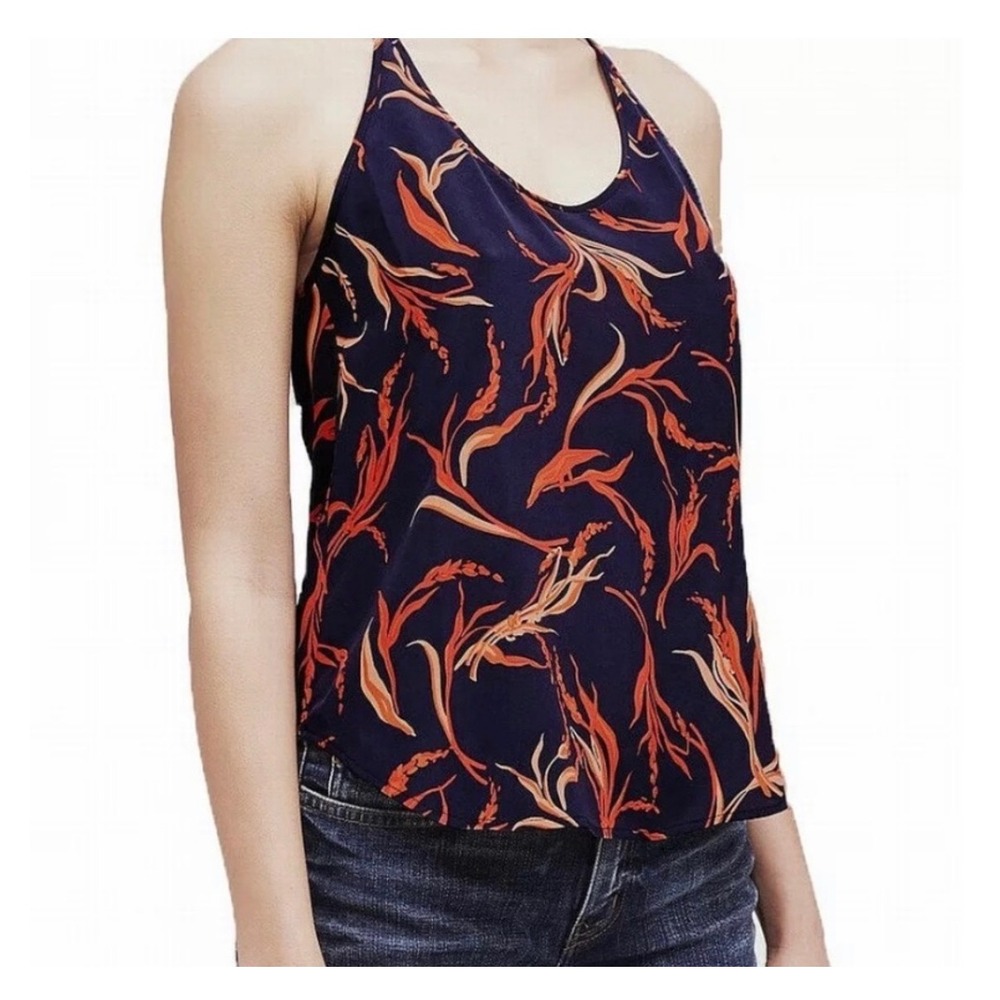 L'AGENCE Jane Silk Cami Tank Top Navy Blue Orange Wheat Floral Print Medium